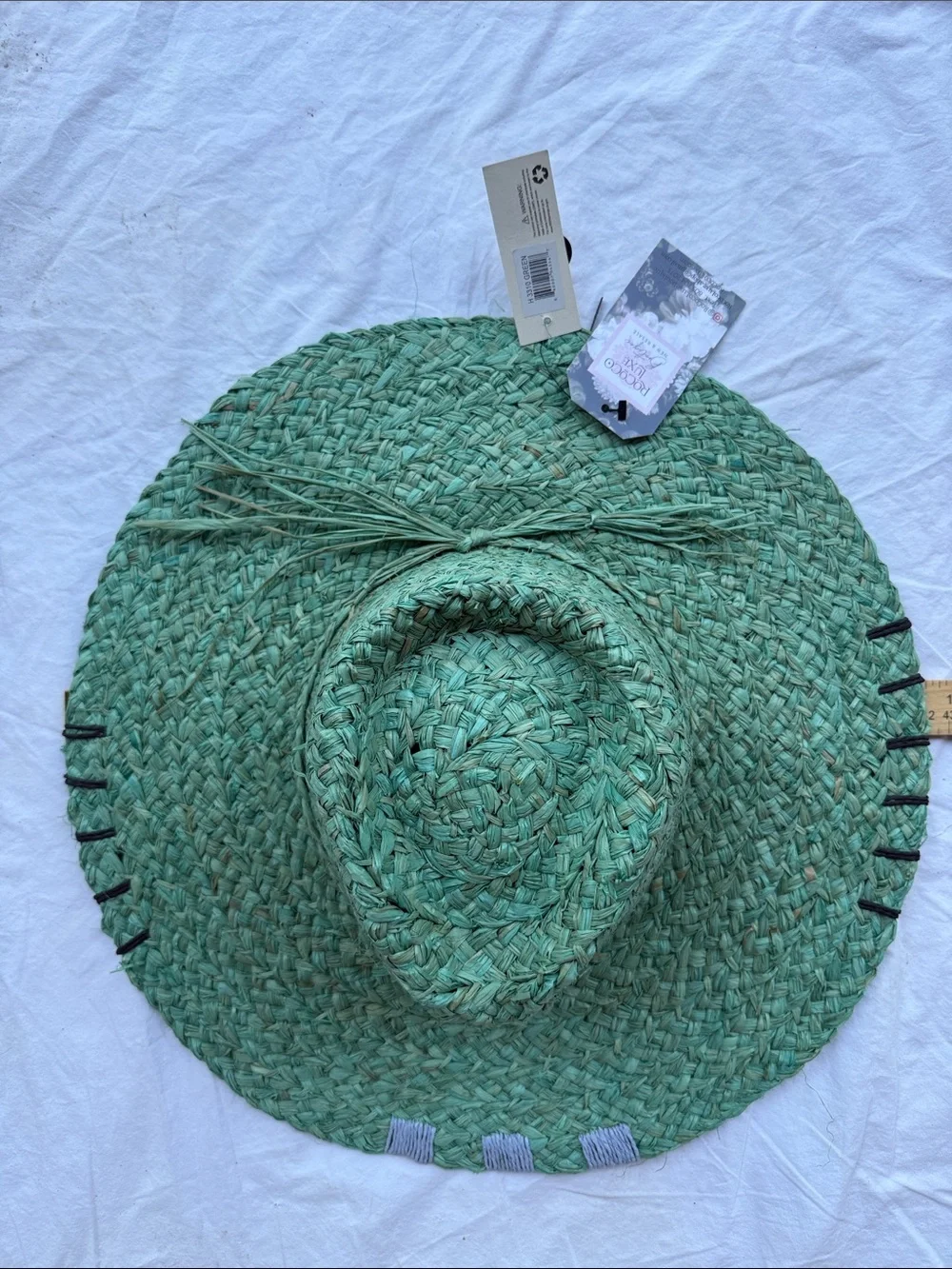 NWT Green Hat Sun Straw 100% paper hand Stitching details OS rancher floppy